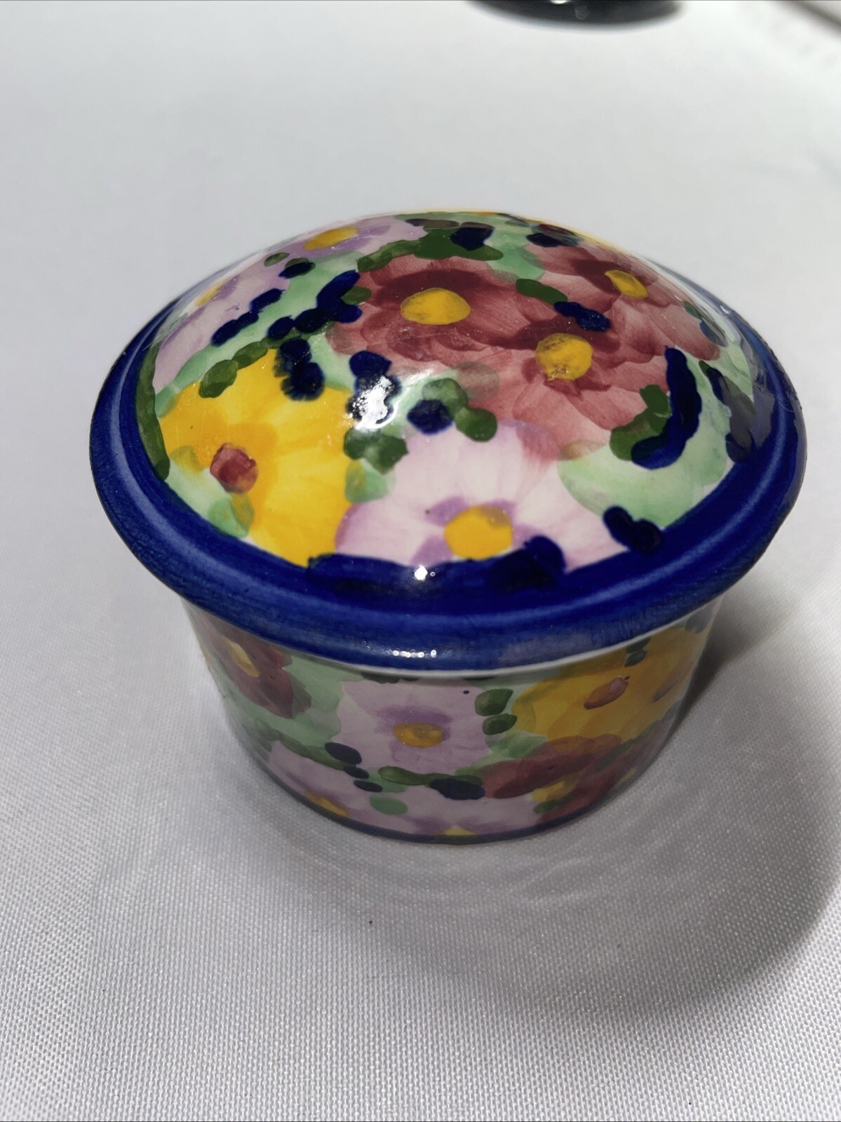 Jay Willfred Trinket Box Hand Painted Ceramic Floral Design 2.5" Portuguese