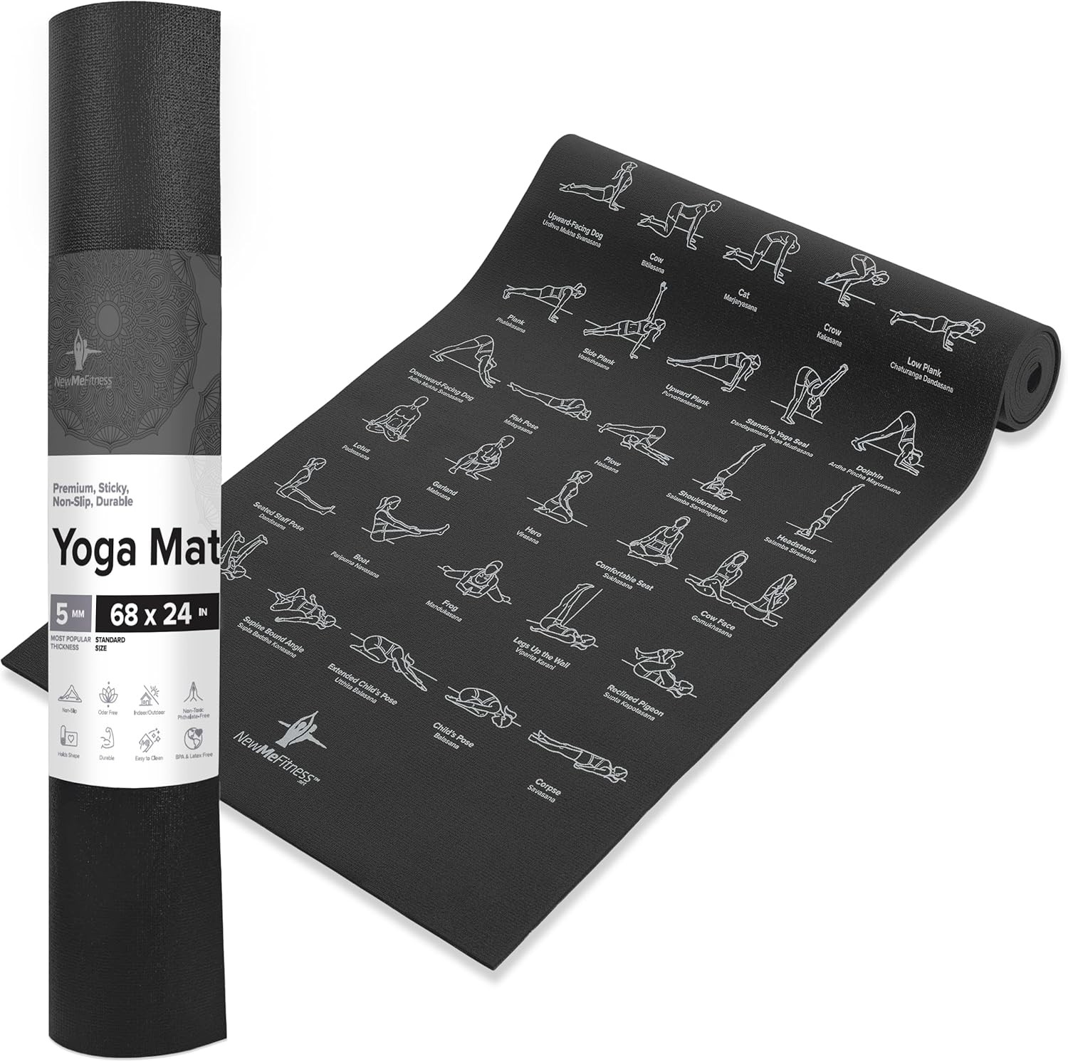 NewMe Fitness Large Yoga Mat 5mm Thick 68in Non-Slip with 70 Poses