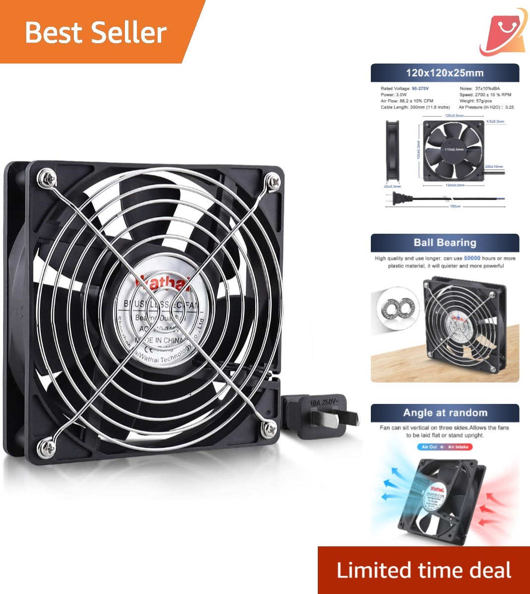 120mm Axial Fan Cooling Ventilation Exhaust Fan AC/DC 120x25mm Muffin Fan
