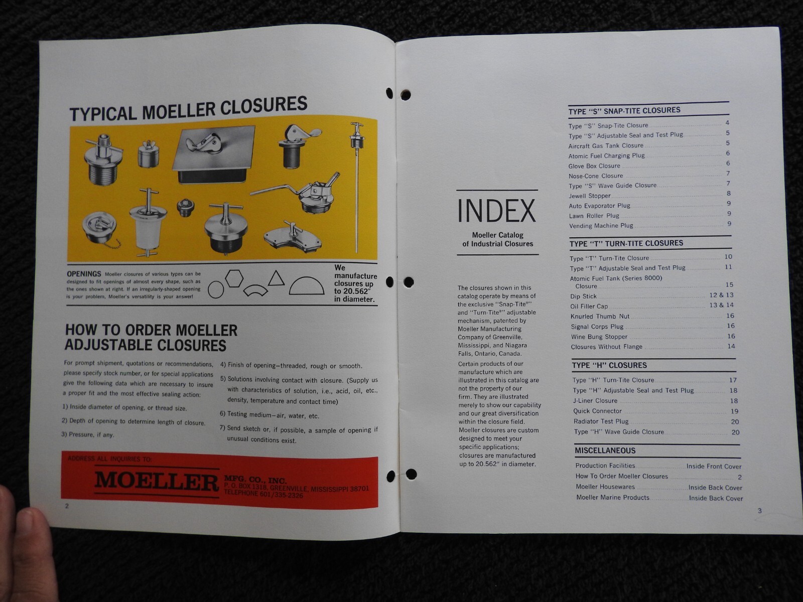 1966 Moeller Manfacturing Co Closures Engineering Catalog/Brochure Greenville MS