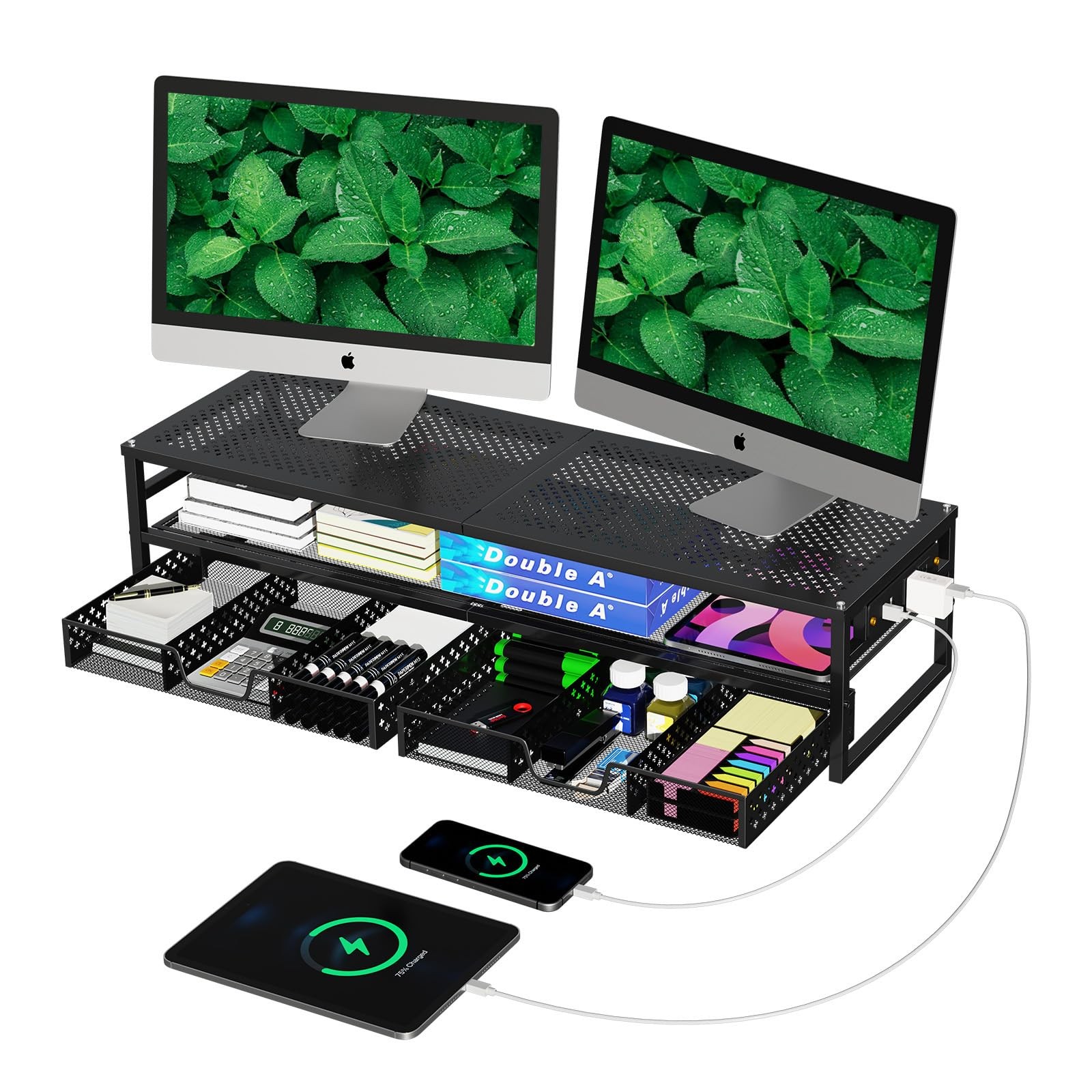 2 Tier Metal Monitor Stand Riser with USB 2.0 and Charging Prot  Computer Off...