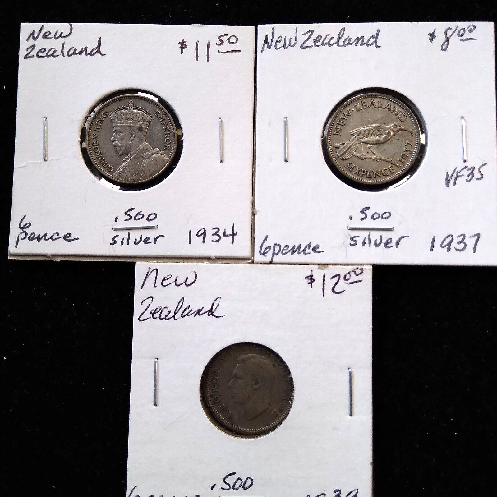 Lot of 3 New Zealand 6 Pence Silver Coins (1934-1939)