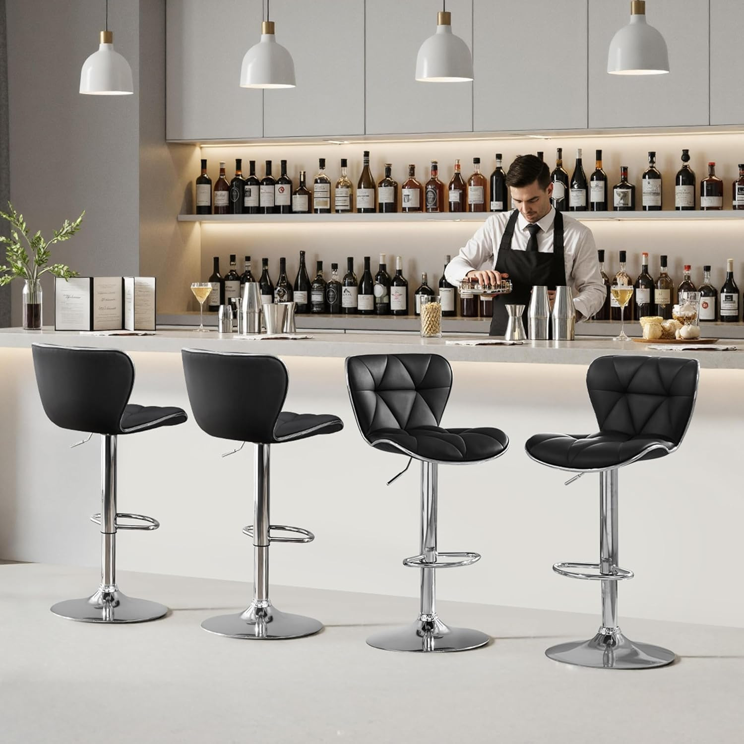 Bar Stools Set of 4 Island Chairs Shell Back PU Leather Adjustable Barstools