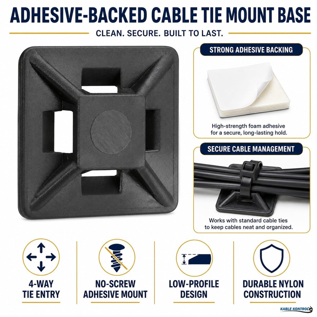 100 PCS Zip Tie Mounts 1/2 Sq Black Adhesive Backed UVResistant Nylon