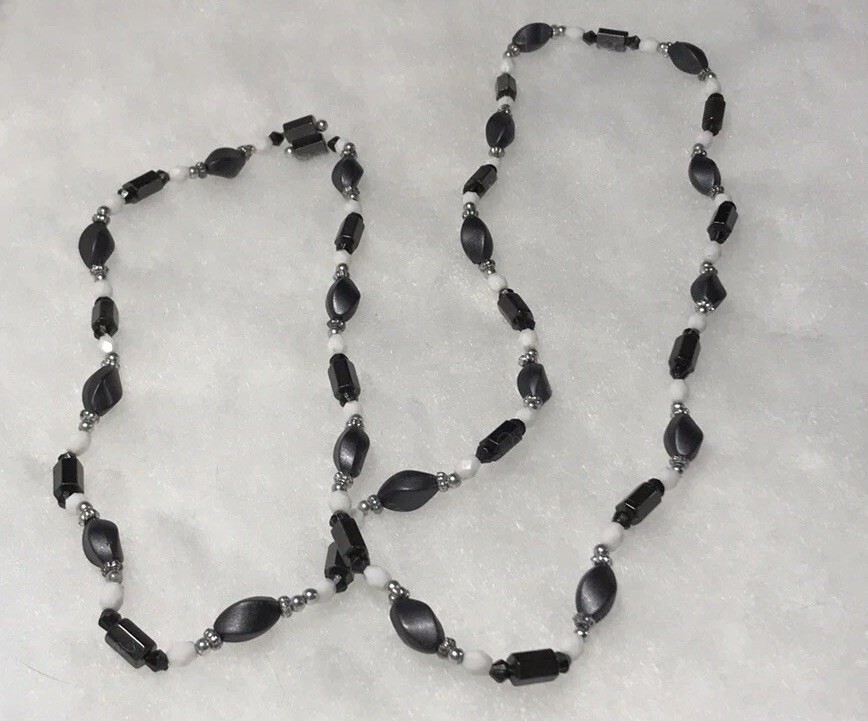 Black Beaded Necklace/ Magnetic/ Double Chain/ Silver Tone