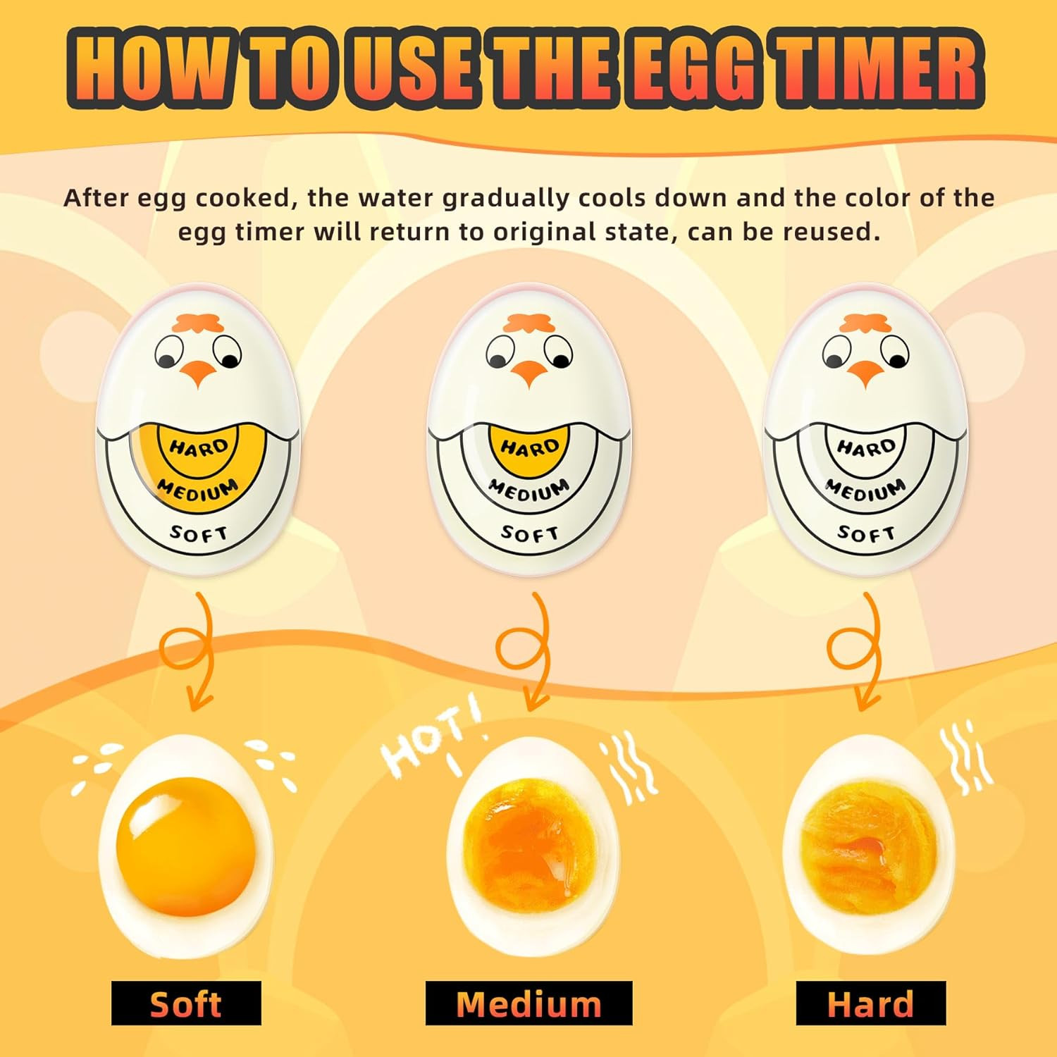 2-Pack Egg Timer, Color Changing, Hard & Soft Boiled Indicator, Yellow
