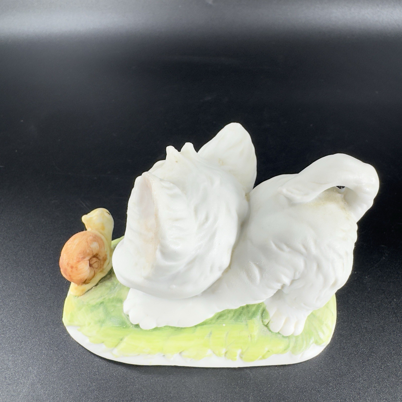 Vintage Lefton China White Kitten And Snail Ceramic Whimsical Figurine Decor VTG