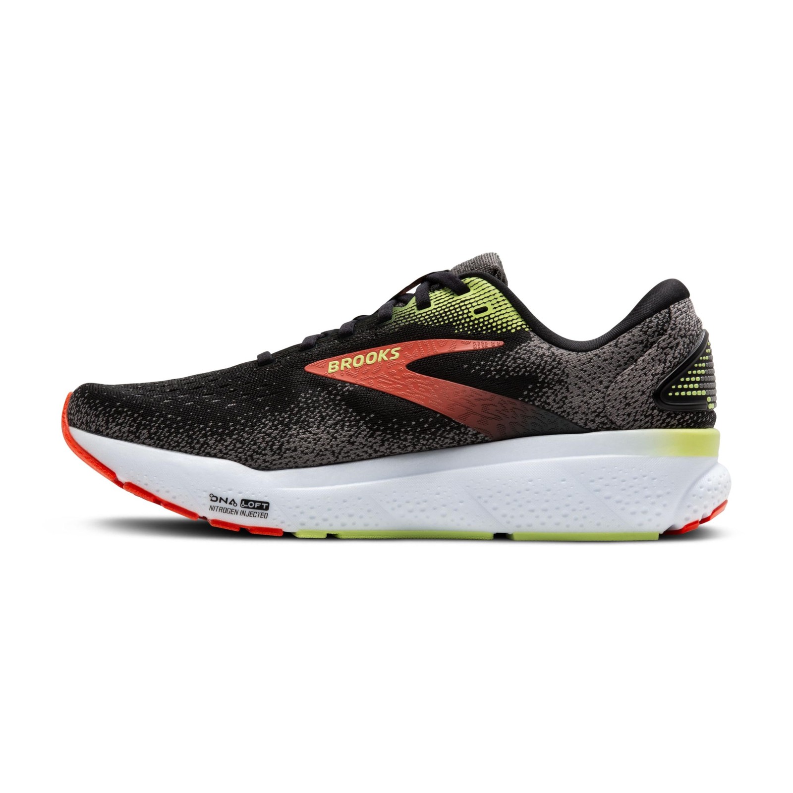 Brooks Men’s Ghost 16 Neutral Running Shoe - Black/Mandarin Red/Green - 12.5
