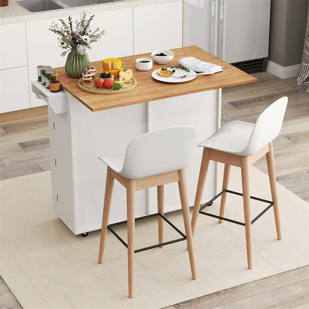 White Wood 42 In. Rolling Kitchen Island Kitchen Island Cart with Drop Leaf Tras