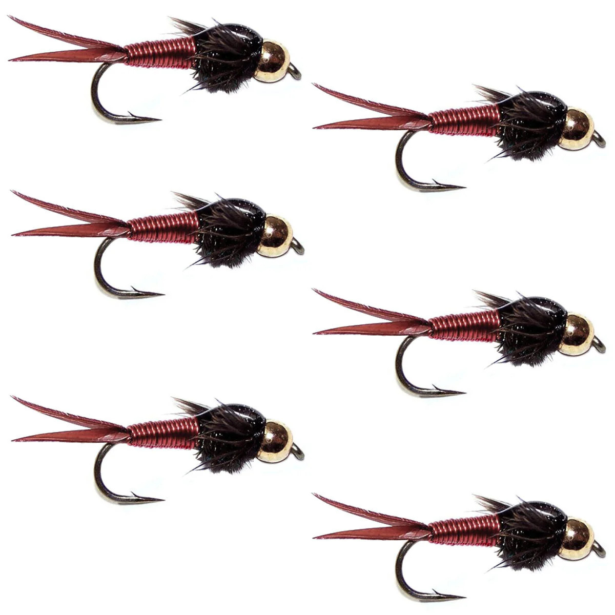 Bead Head Red Copper John Nymph Fly 6 Flies - Hook Size 14