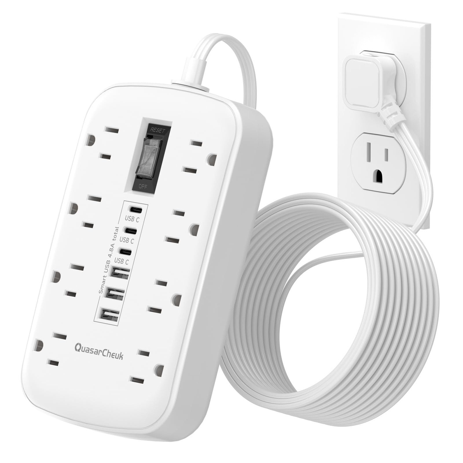 Flat Plug Power Strip with USB Ports - Flat Extension Cord 3FT with 8 AC Outl...