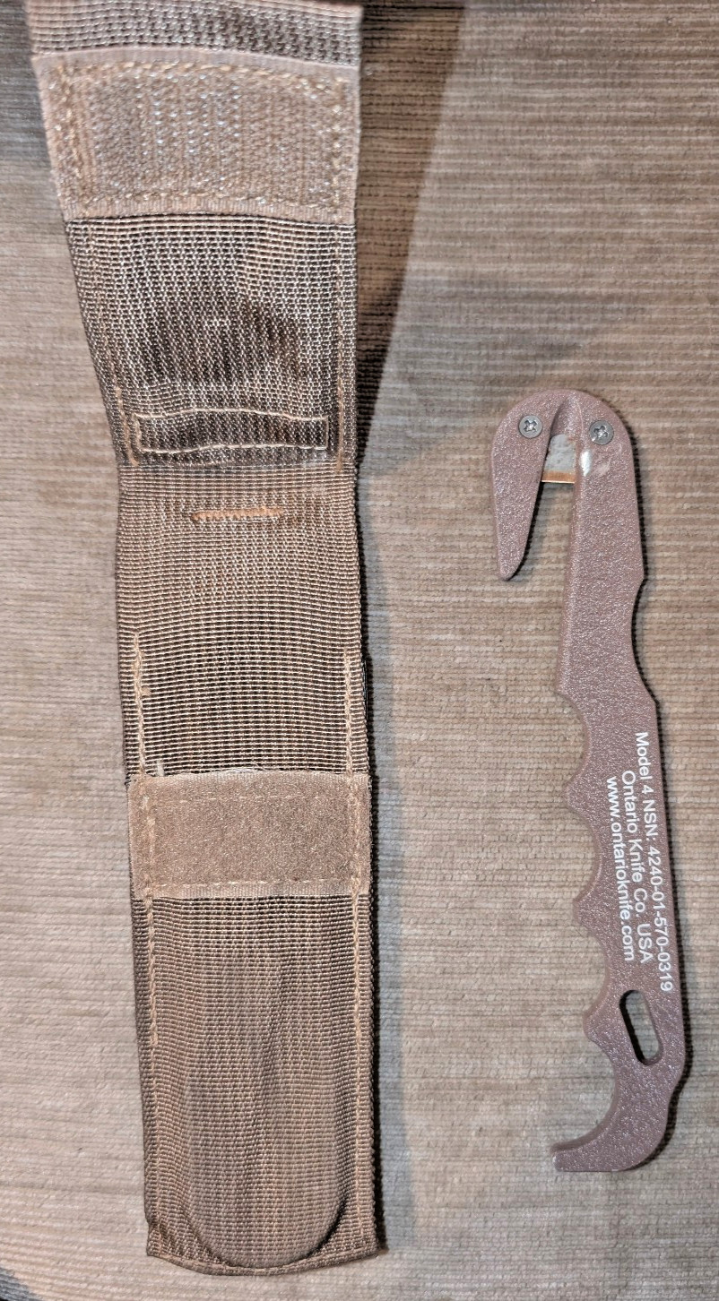 ONTARIO KNIFE STRAP/SEAT BELT CUTTER W/ SHEATH COYOTE A098 NSN 4240-01-570-0319