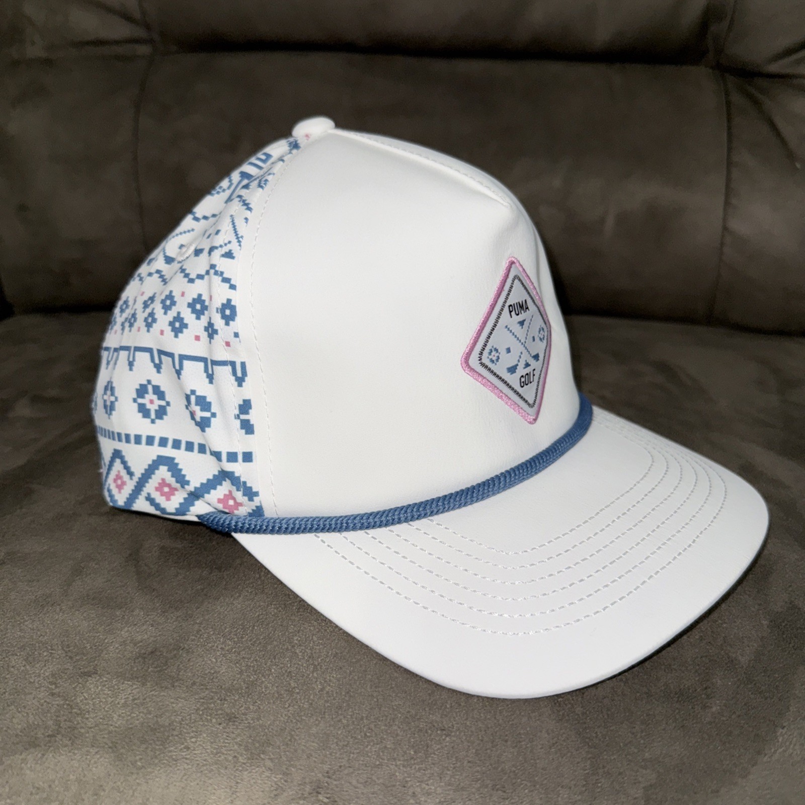 NWT PUMA Men's 5-Panel Tech Snapback Golf Hat Cap White/Glow Blue