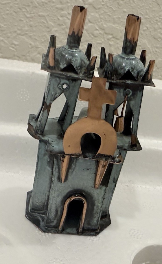 Vintage Green Bronze & Copper Metal Church w/Bells Peru