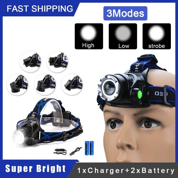 Powerful LED Headlamp Rechargeable Headlight Zoomable Head Torch Lamp Flashlight