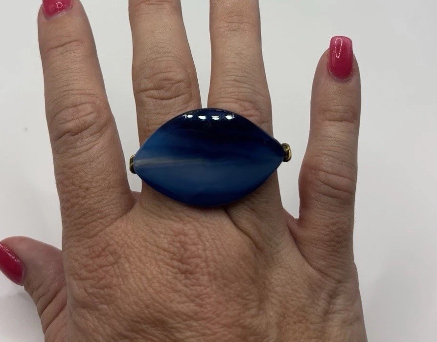 Blue Banded Faceted Agate Double Ring In Brass Wire Wrap slightly adjustable 7