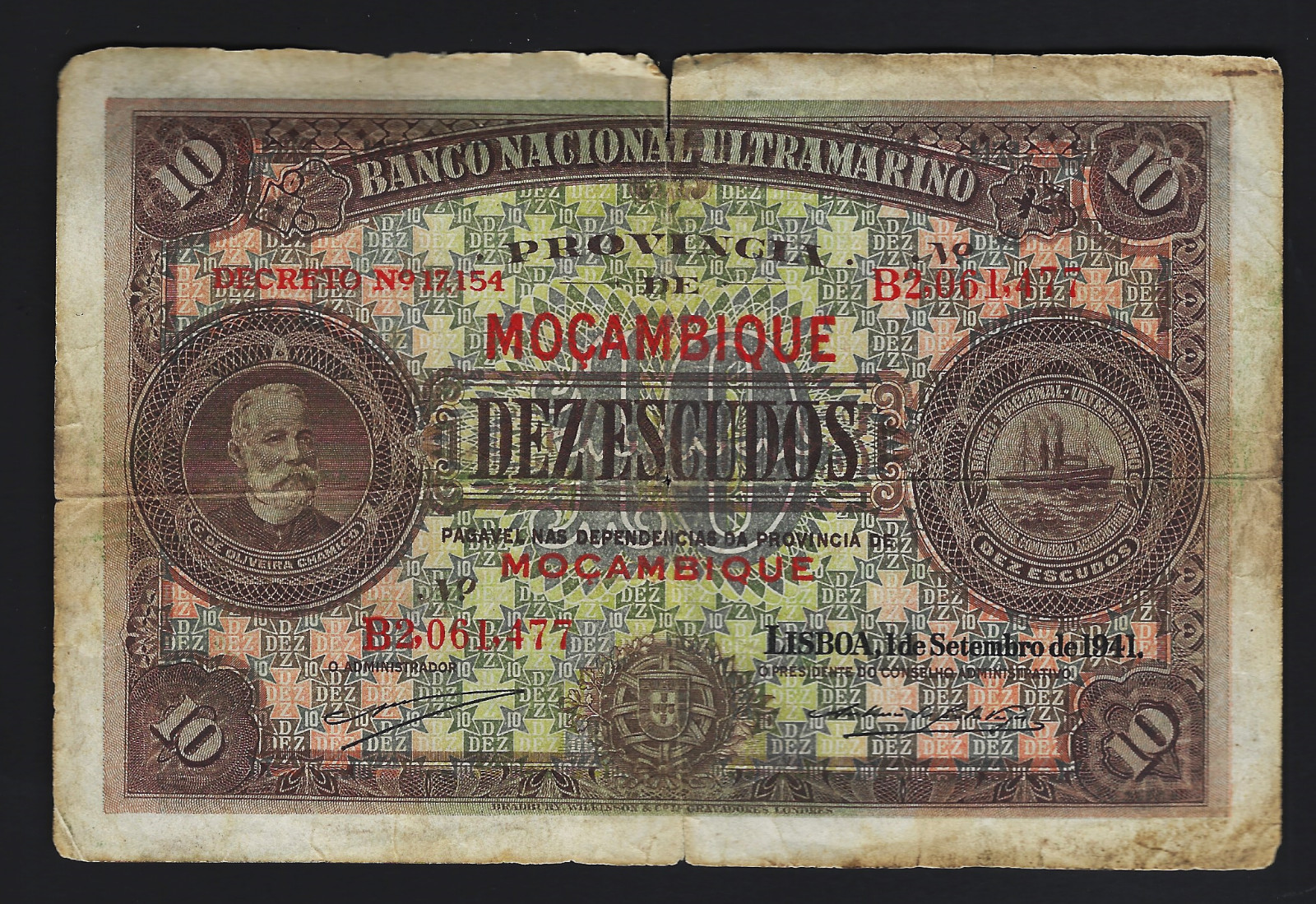 1941 Mozambique 10 Escudos #84 Very Fine
