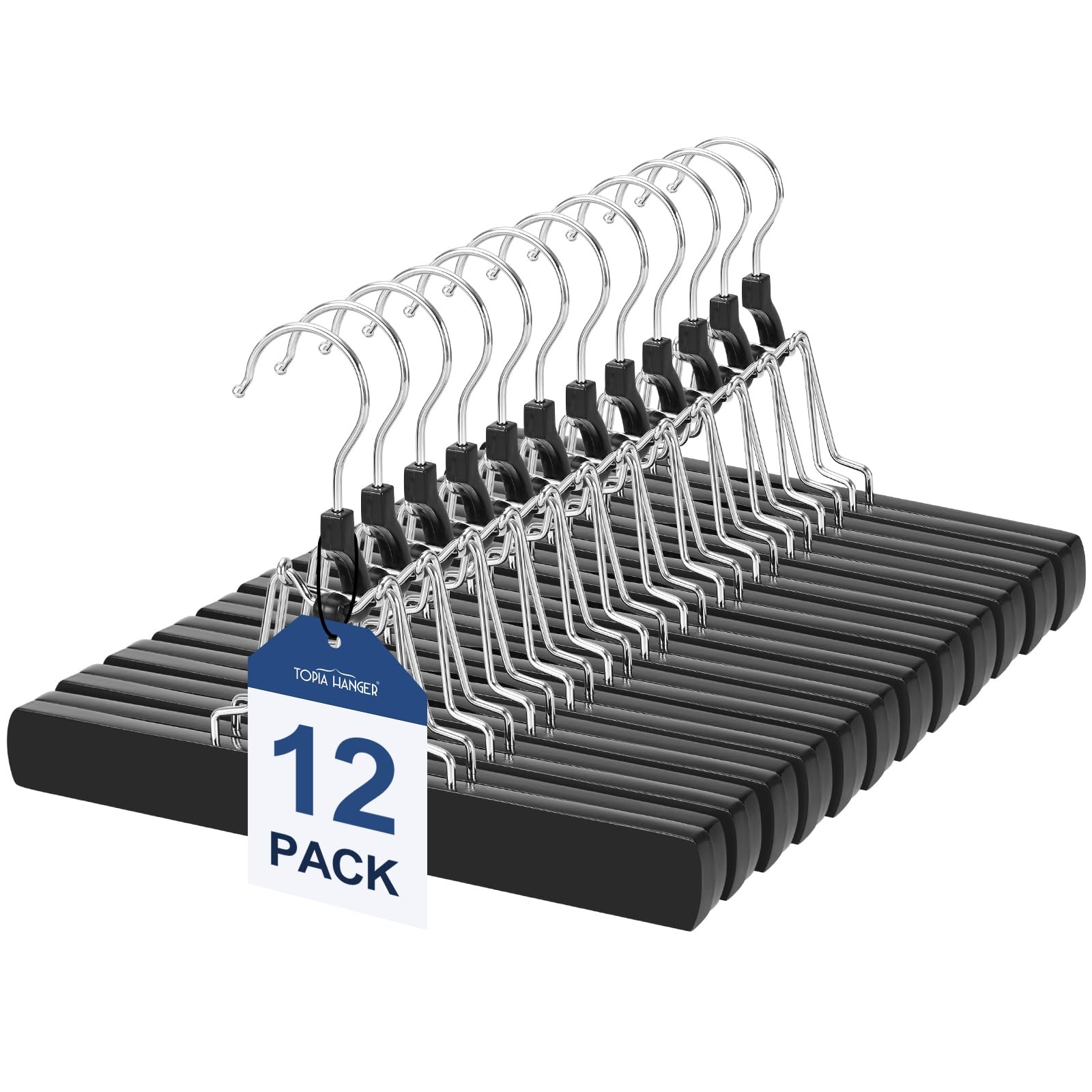 12 Pack Wooden Pants Hangers, Clamp Style, Velvet Padded, 360 Swivel Hook