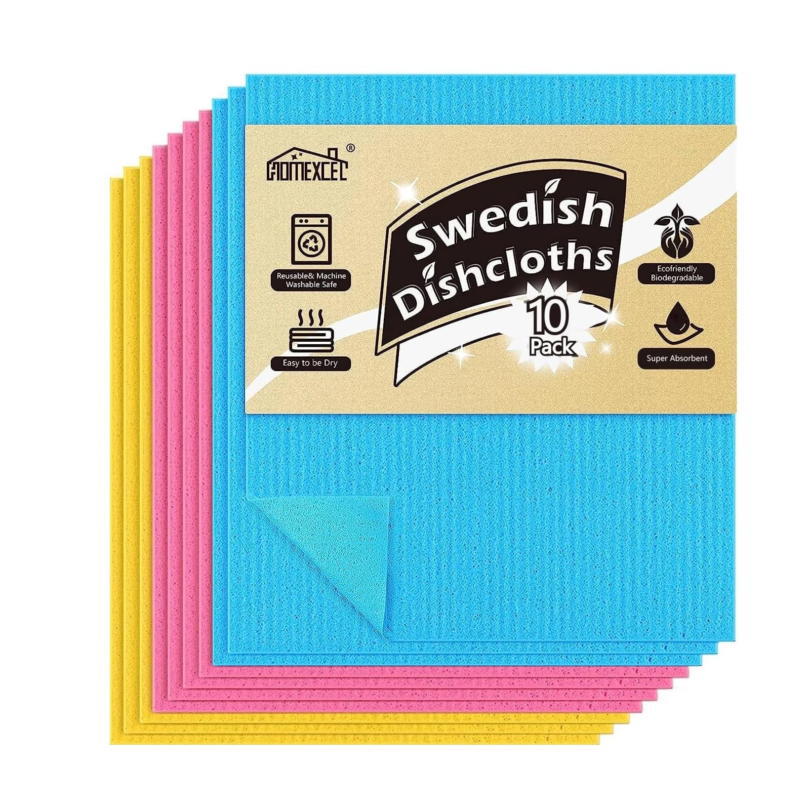 HOMEXCEL Swedish Dishcloths for Kitchen 10 Pack, Sponge Small, Multicolor