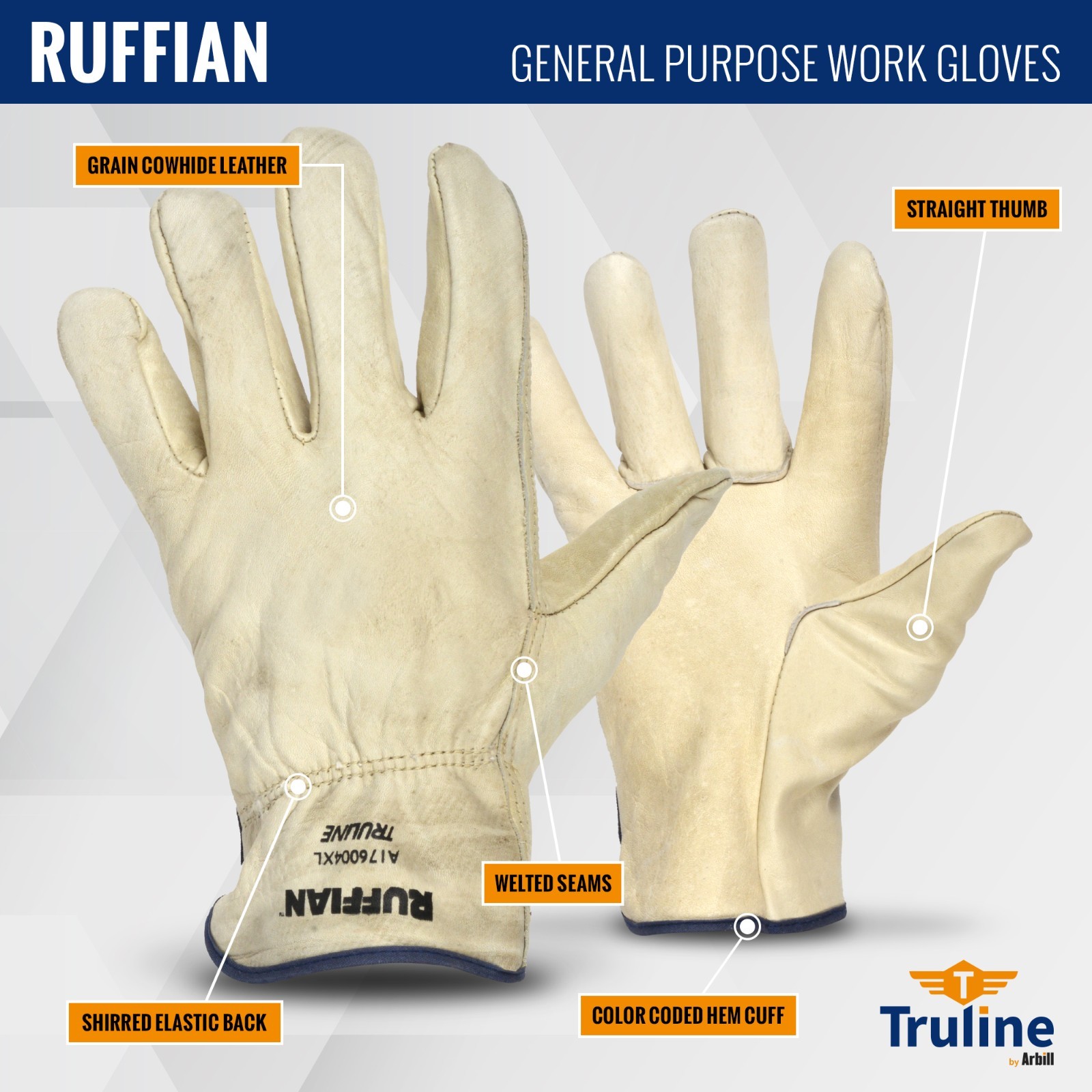 Truline Ruffian Leather Driver Garden Work Gloves Grain Cowhide Beige Size L 6pr