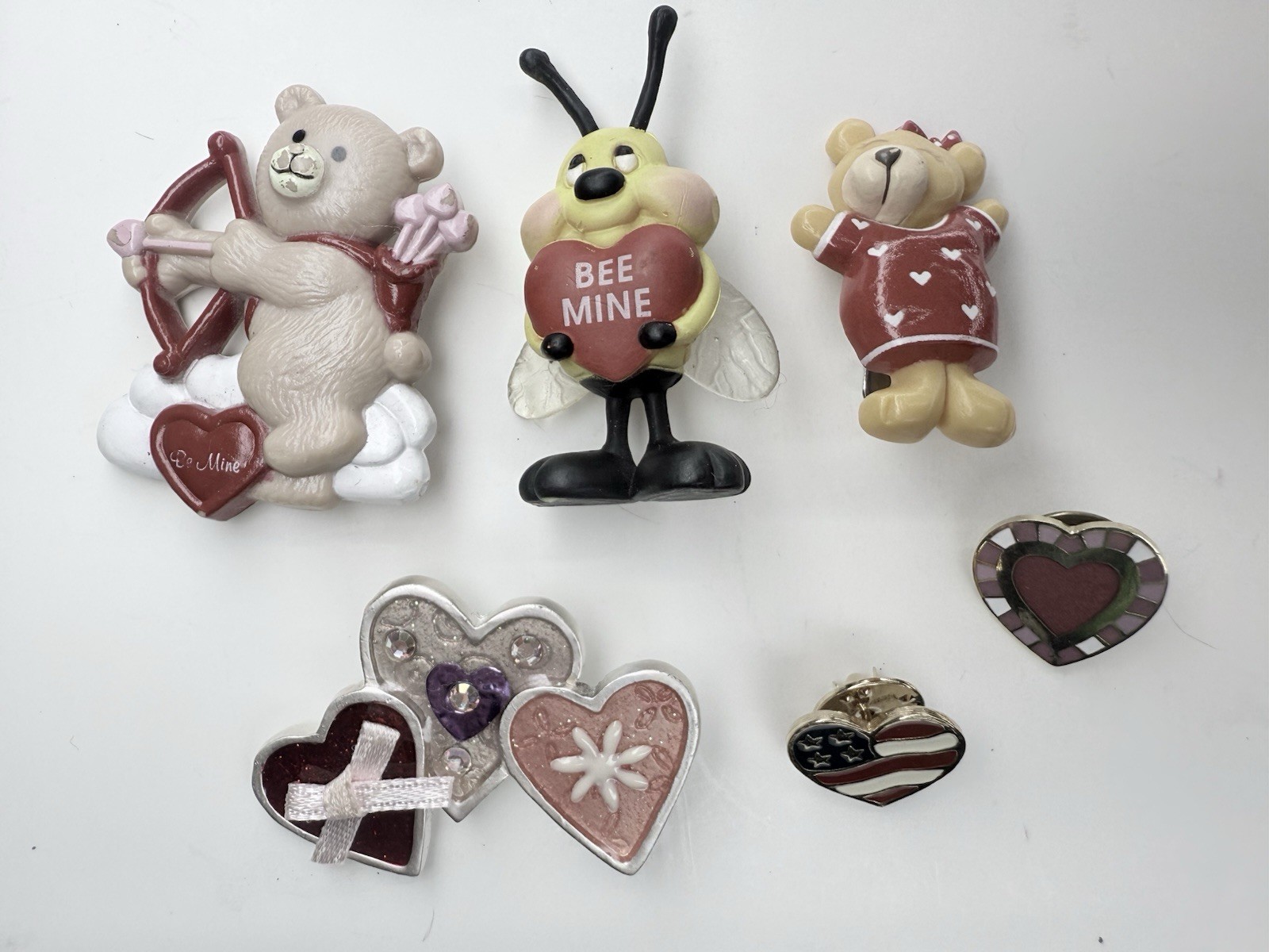 Vintage Set Of 6 Valentines Day Lapel Novelty Pins Bee Heart Cupid Teddy Bear