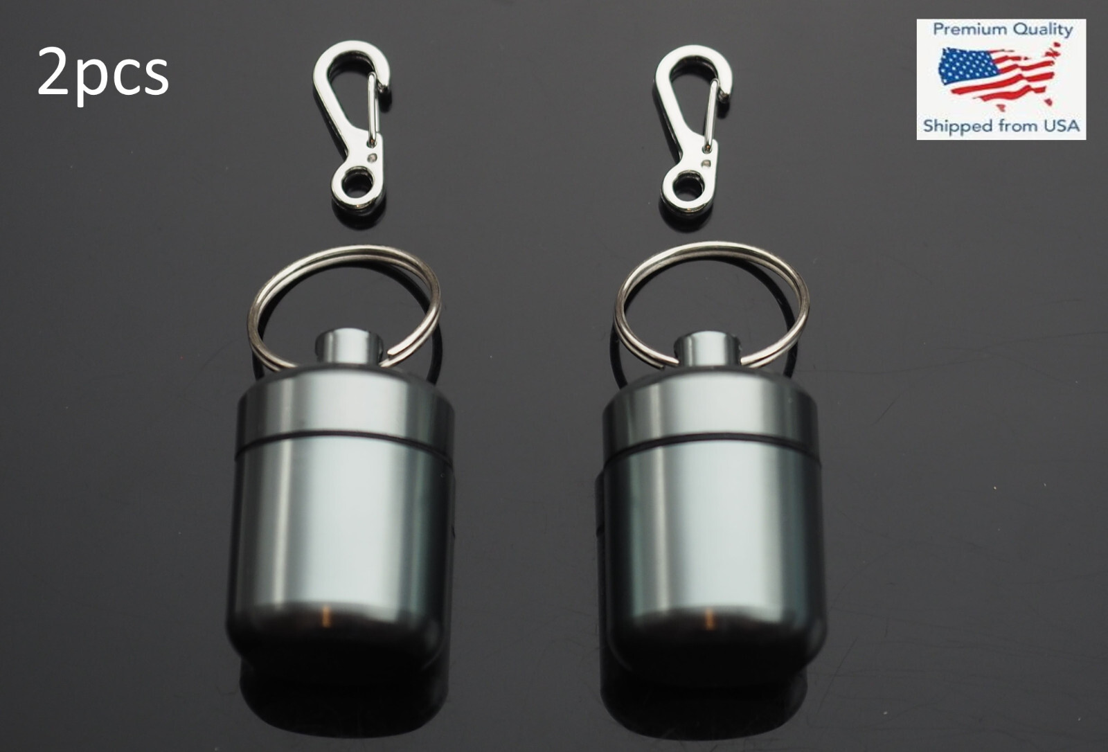 2 PCS Waterproof 1" Wide Pill Capsule Bottle Keychain Clip Gun Metal Gray Glossy