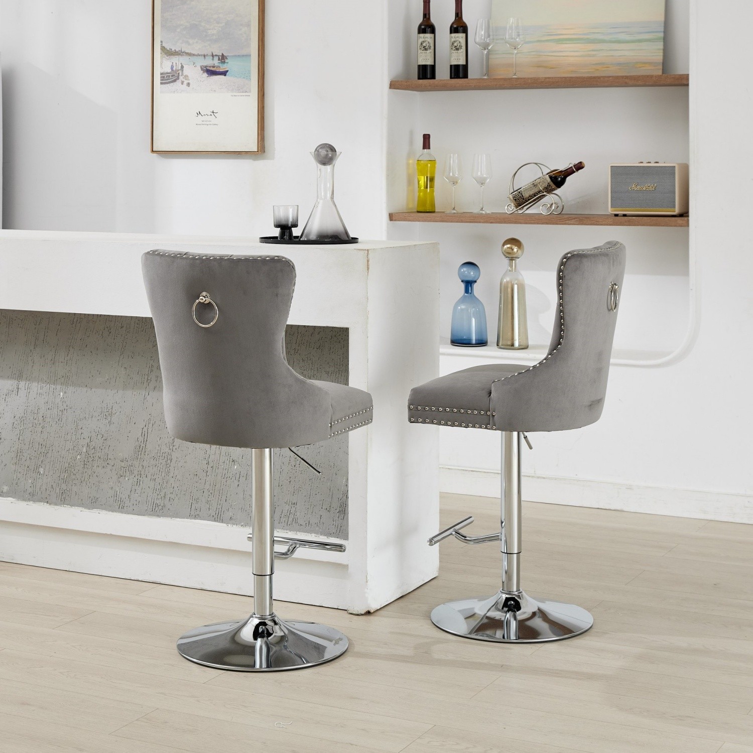 Set of 2 Swivel Bar Stools Velvet Bar Chairs Adjustable Height Dining Chairs