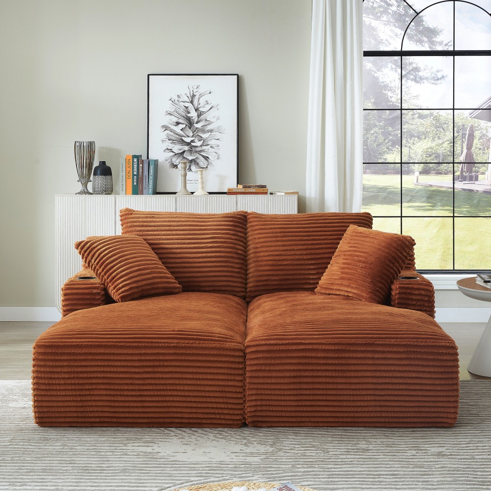 Compressible Double Chaise Sofa w/ Cupholders & Corduroy - No Assembly