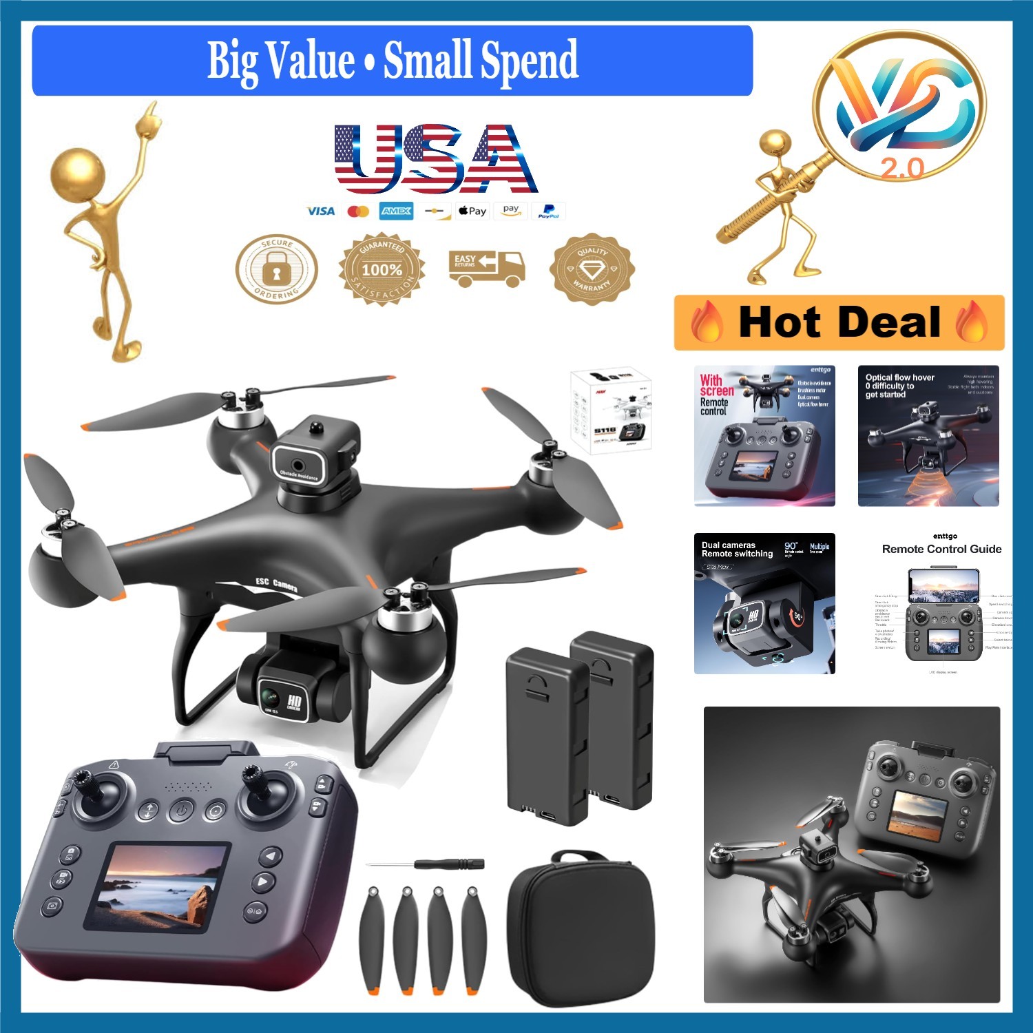 S116 GPS Drone with Screen Controller, 2 Batteries, Obstacle Avoidance, Black