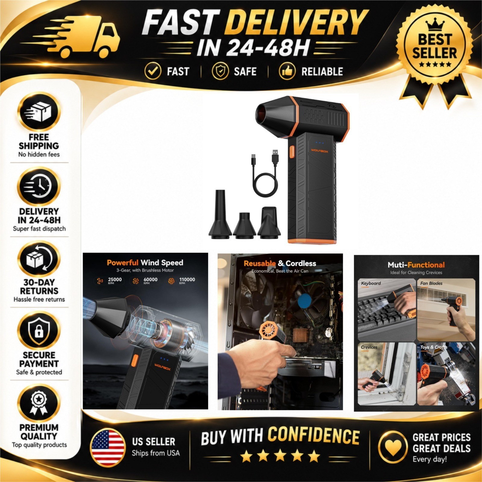 WOLFBOX MegaFlow 50 Compressed Air Duster - 110,000 RPM, Adjustable Speed