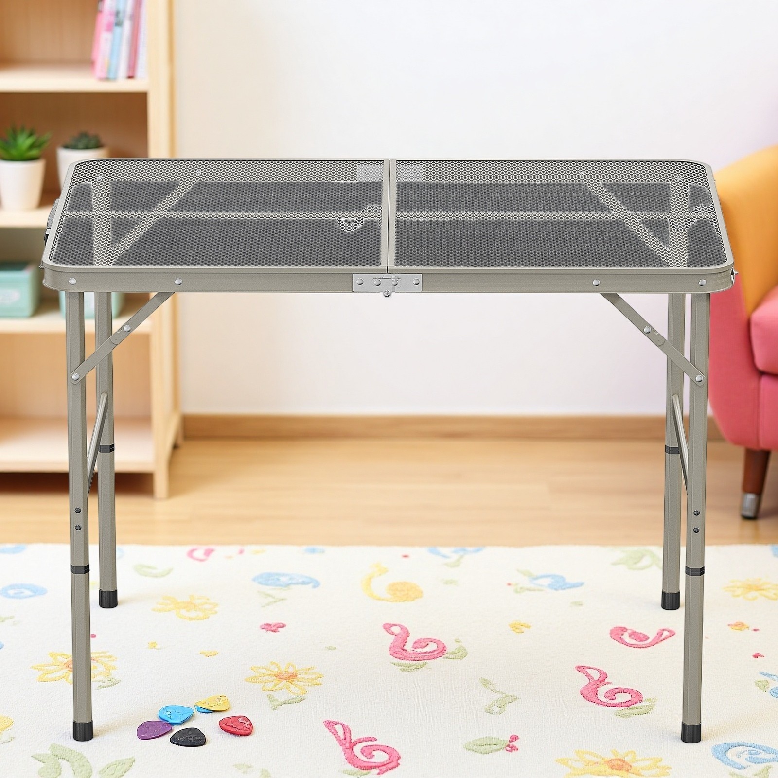 3ft Folding Camping Wire Mesh Table - Adjustable Aluminum Frame Picnic Dark Gray