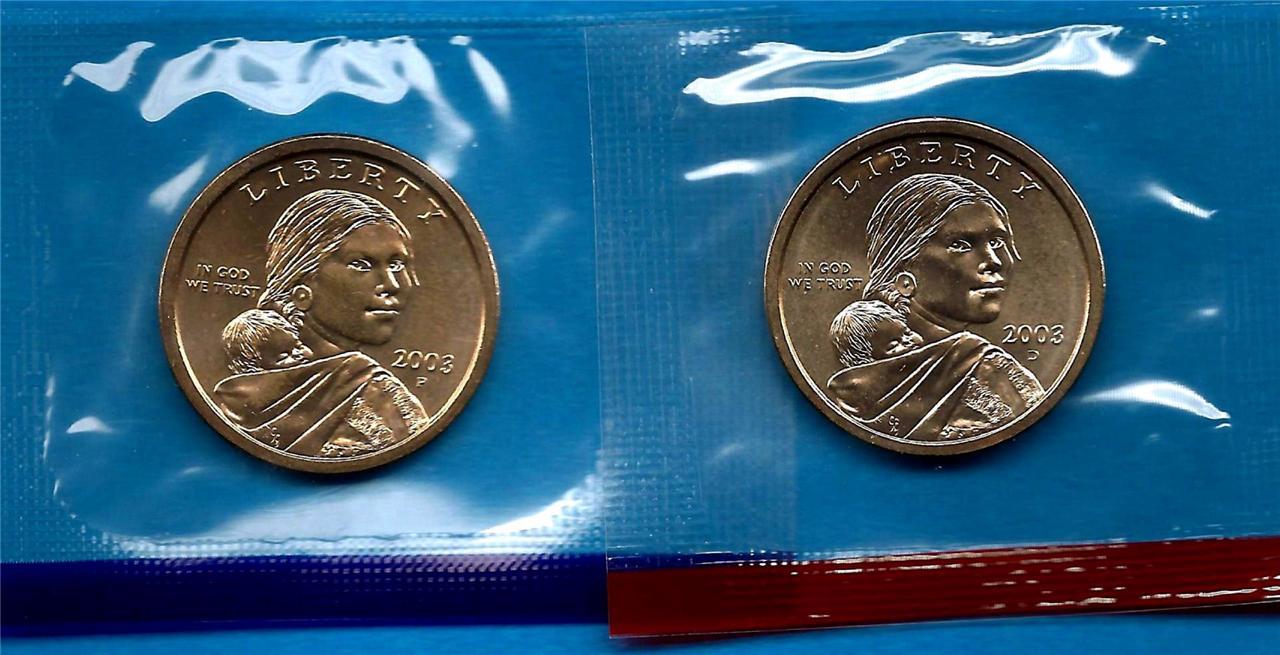 2003 P and D BU Sacagawea Native American Dollars - Two Coin Set -In mint cellos