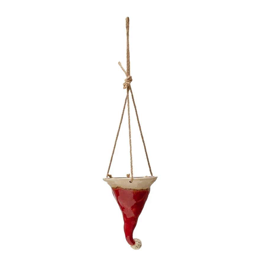 New Hand-Painted Decorative Stoneware Hanging Santa Hat Holiday Planter