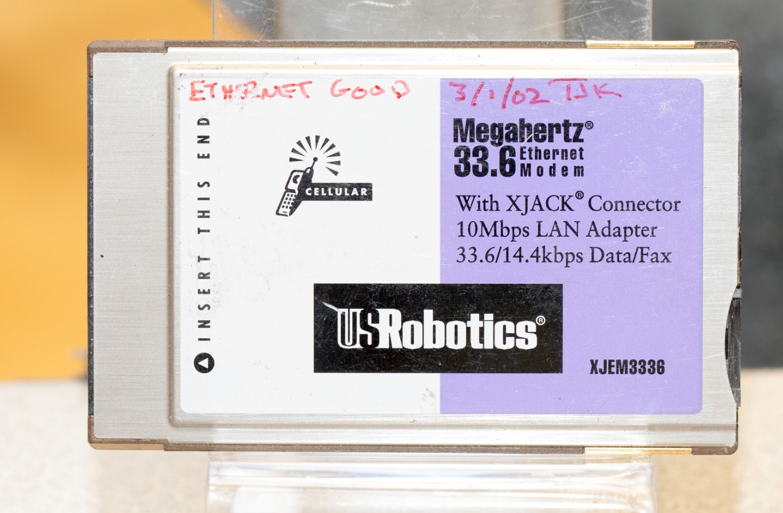 Vintage 3COM US Robotics Ethernet 10BaseT XJack XJEM3336 PCMCIA PC Card
