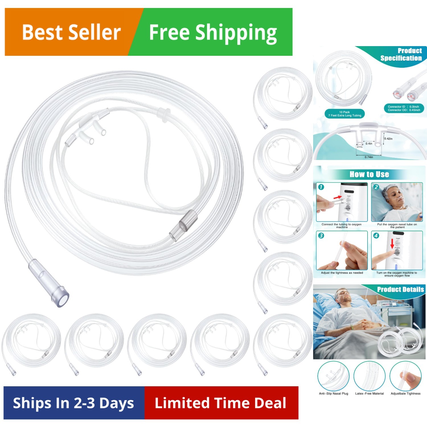 10 Pack 7Ft Adult Oxygen Nasal Cannula, Soft Oxygen Tubing for Adult, Cannula...