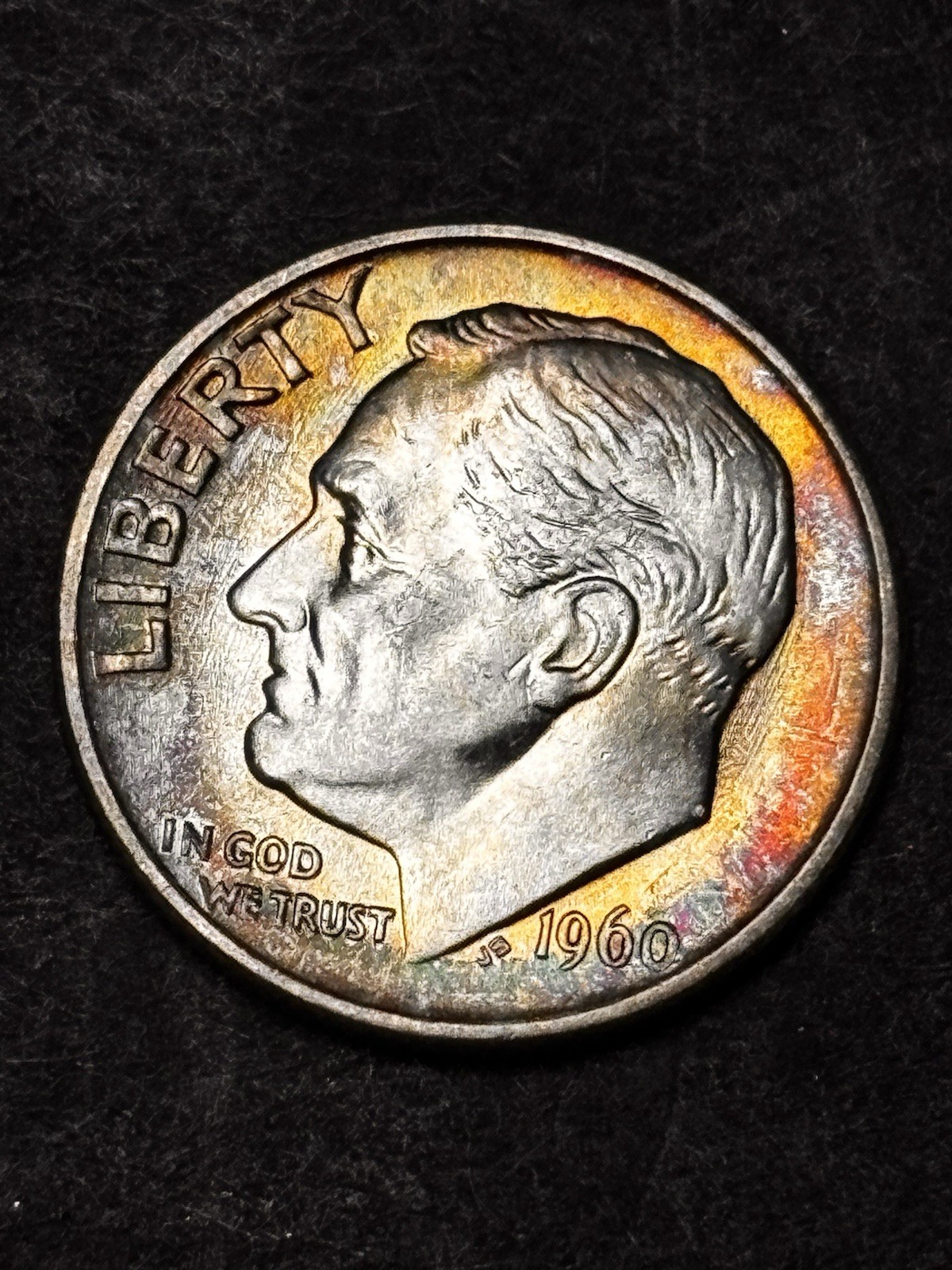 1960 Roosevelt Dime 10c GEM BU FB,RAINBOW TONING !!!