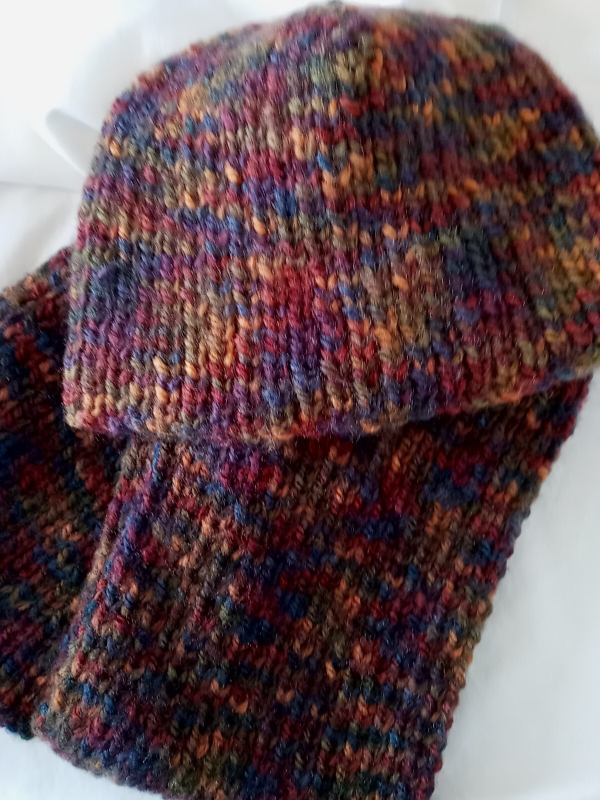 Handmade Adult Hat & Scarf Set In Mohair Acrylic In Browns,Green,Red & Yellow