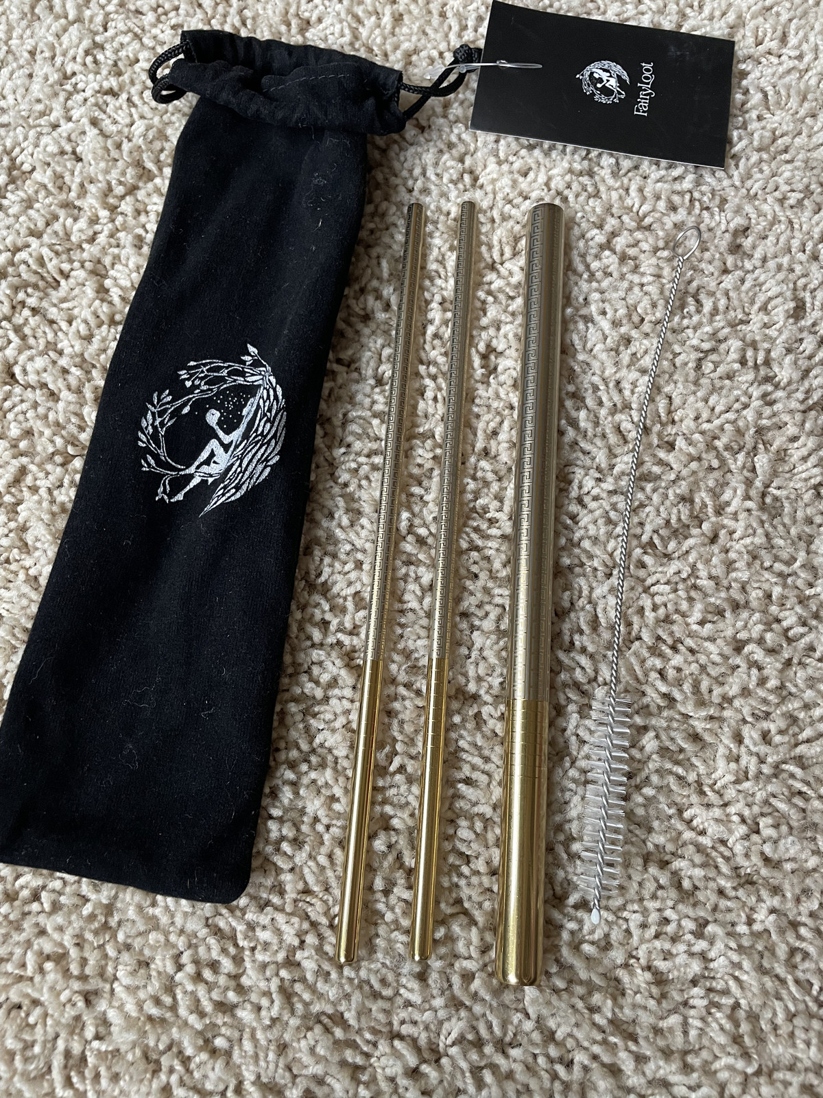 Fairyloot Metal Straws Set with Cleaning Brush and Bag Etched with Greek Pattern