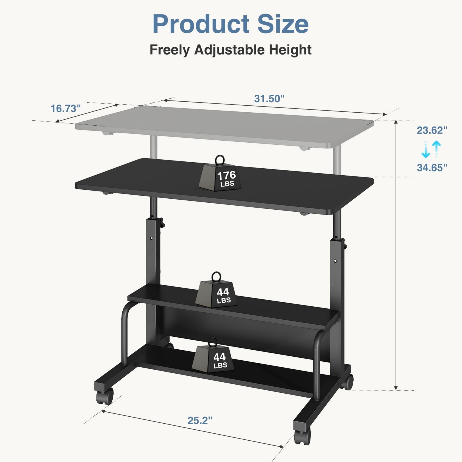 Height Adjustable Bedside Table Rolling Laptop Standing Desk w/2 Tier Storage