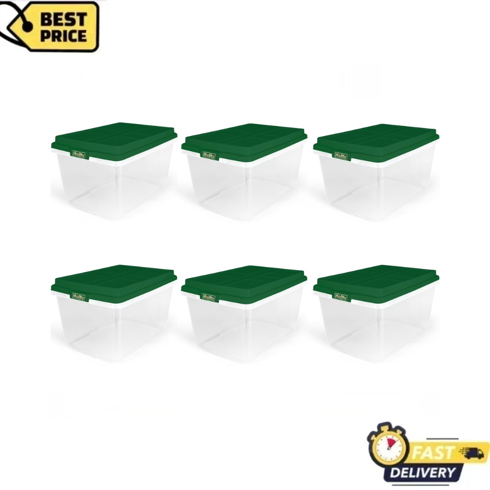 Hefty 72 Qt Clear Plastic Storage Bin, Green Hi-Rise Lid, Stackable Tote, 6 Pack