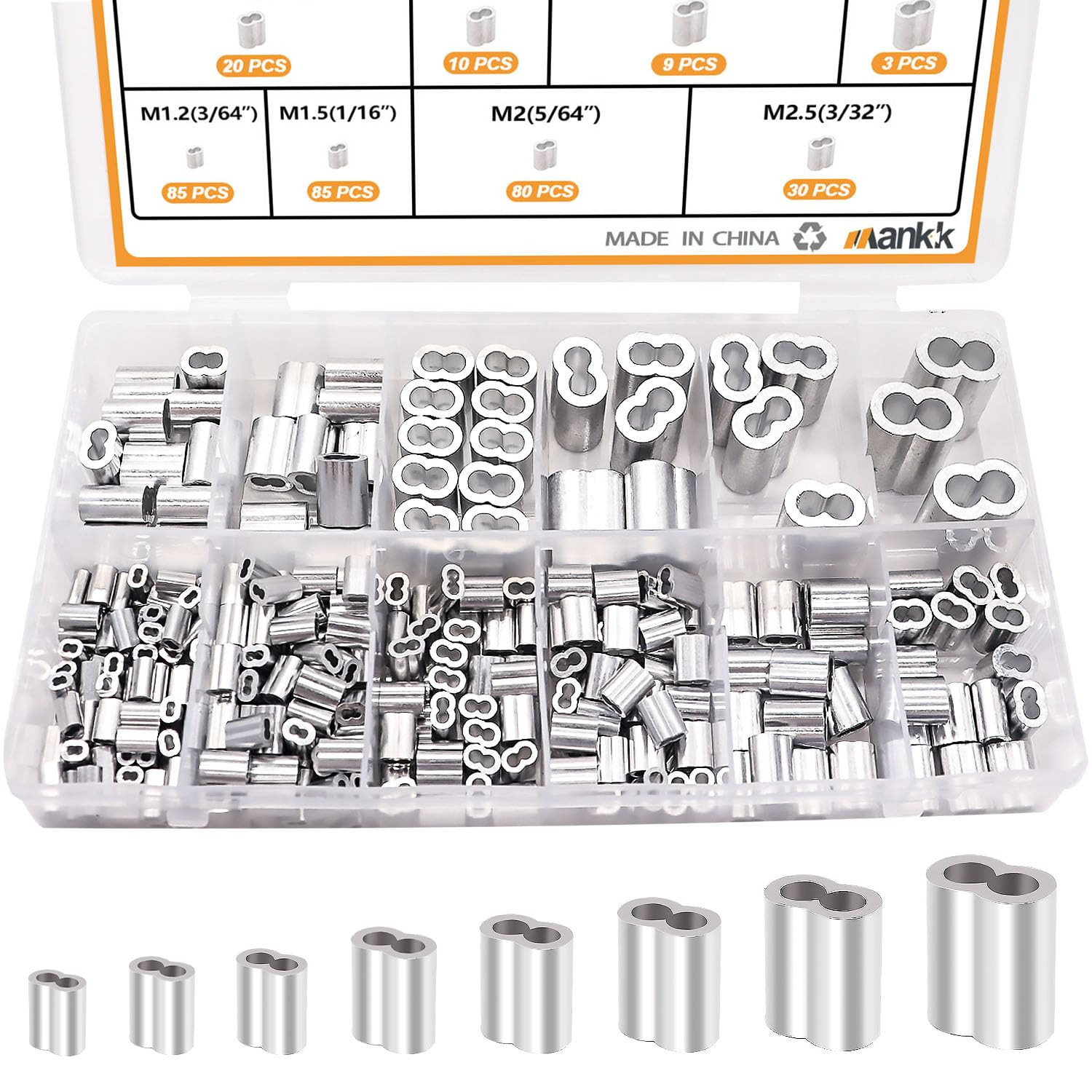 320 Pcs Aluminum Crimping Loop Sleeve 8 Sizes Wire Rope Sleeves Ferrules Kit