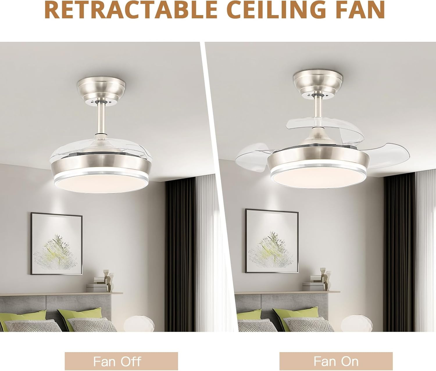 30" Retractable Ceiling Fan with Dimmable LED Light & Remote, 6 Speeds, Brushed
