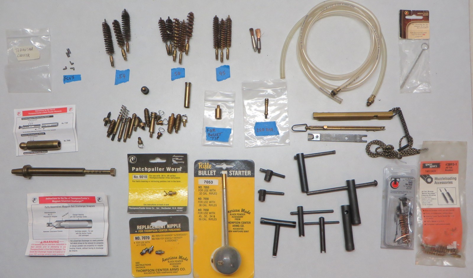 BLACK POWDER SUPPLIES SOME T/C BUT NOT ALL, BRUSHES, MEASURES, NIPPLE WRENCHS,