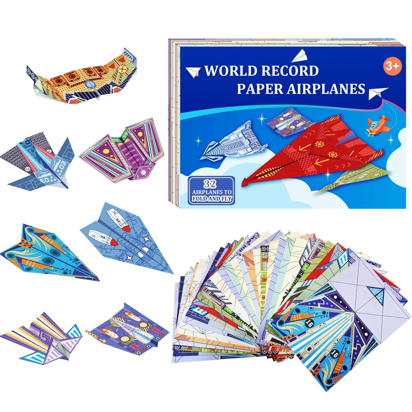 Paper Airplane Kits with 16 Classic Designs, 32 Sheets of Colorful Origami Pa...