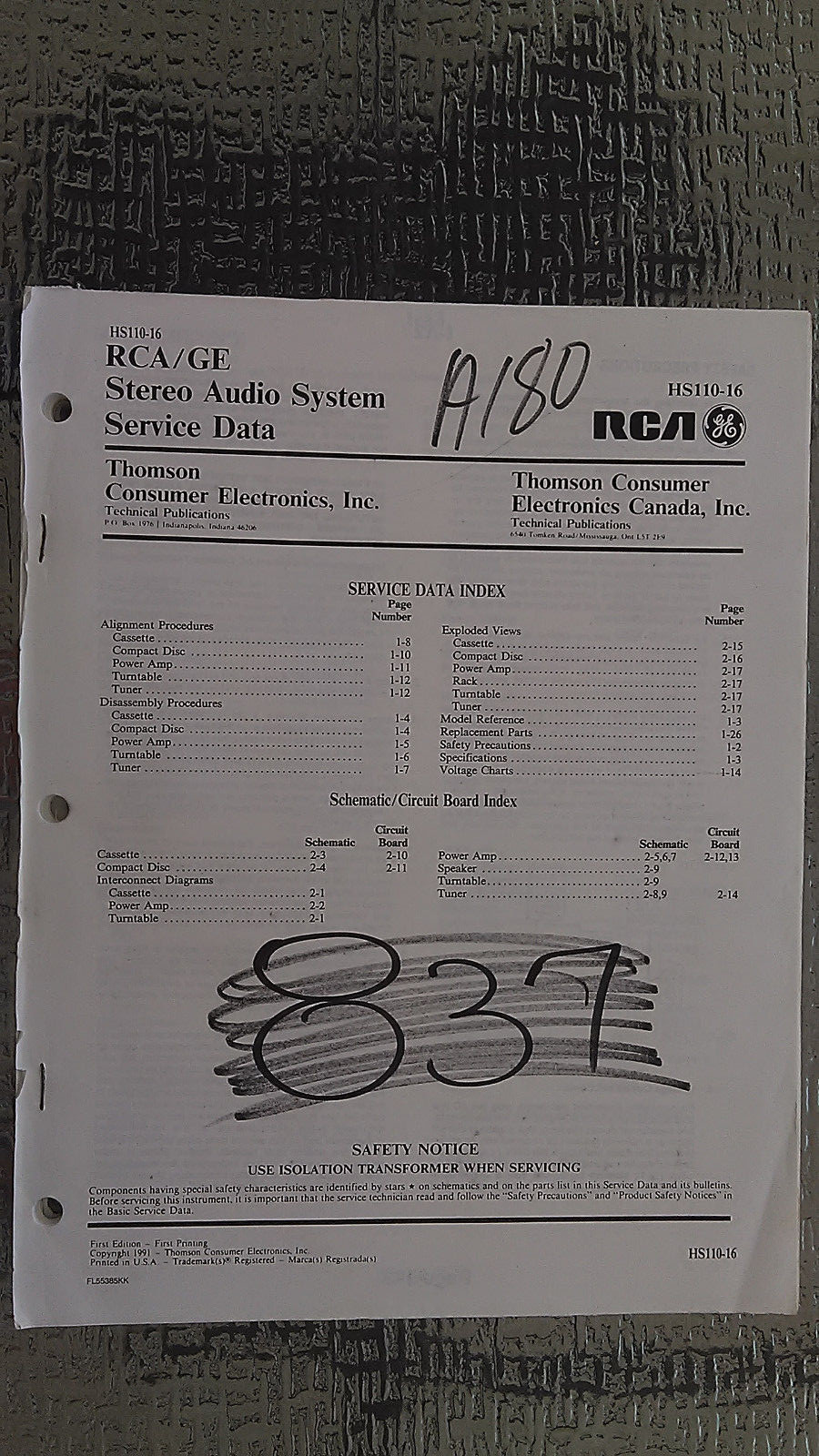 RCA GE hs110-16 service manual original repair book stereo