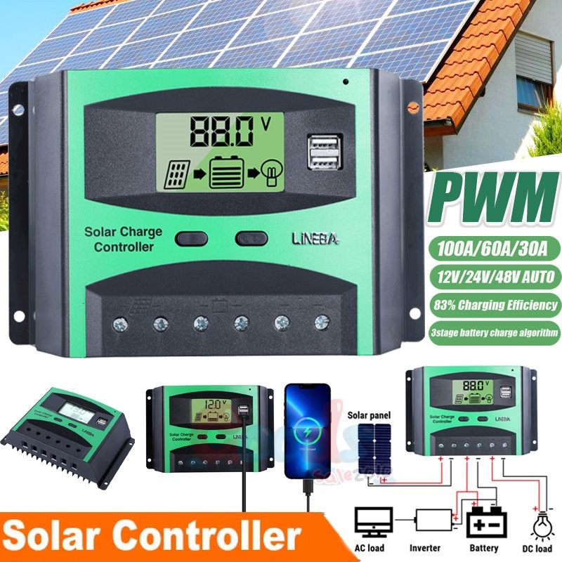 12V/24V/48V 30/60A/100A PWM Solar Charge Controller Car Panel Battery Regulator