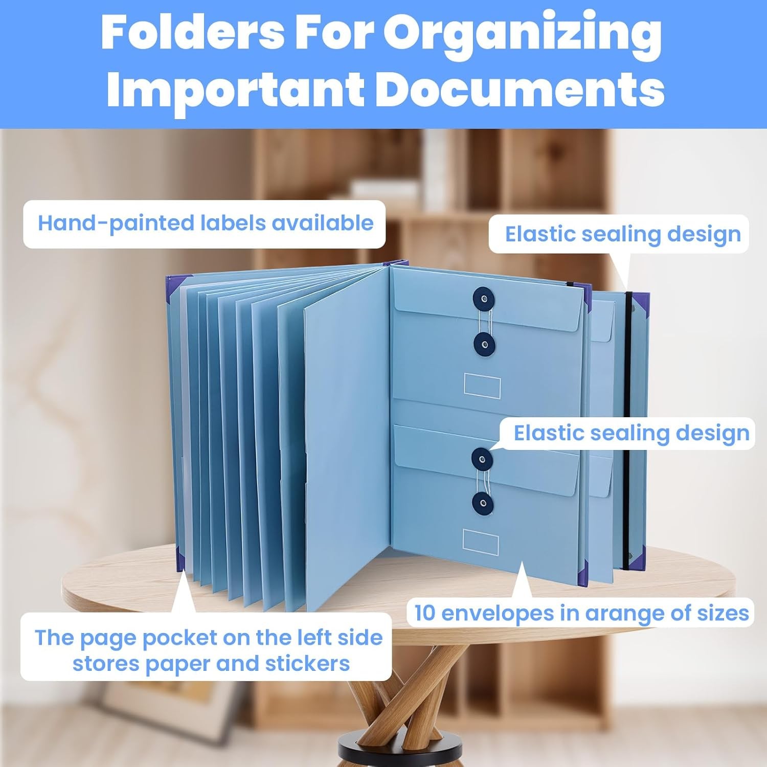Important Document Organizer, Folio Folders, Folder with Labels Pockets (Blue)