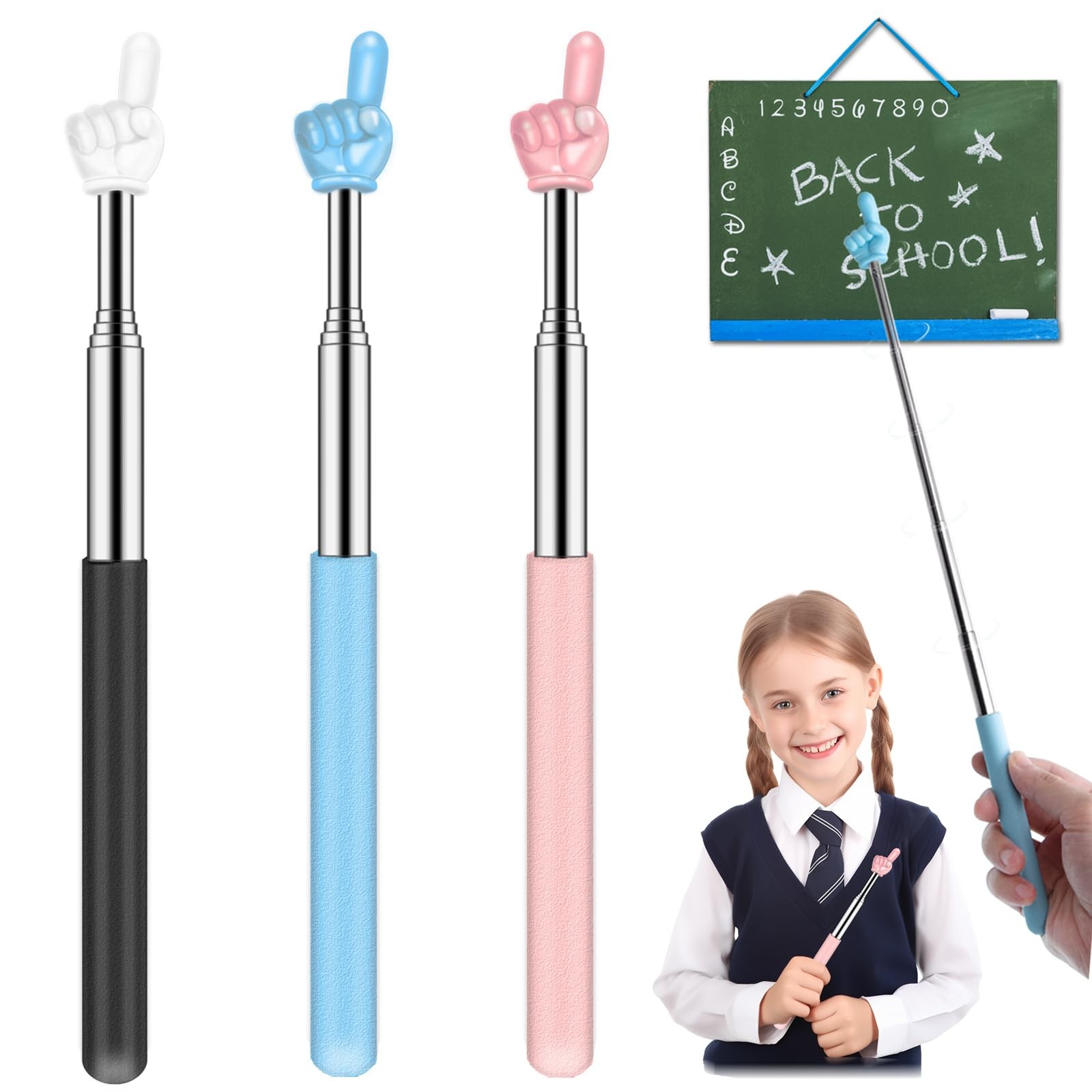 Retractable Teacher Pointer for Classroom Kids 3 Pack: Black, Blue, Pink