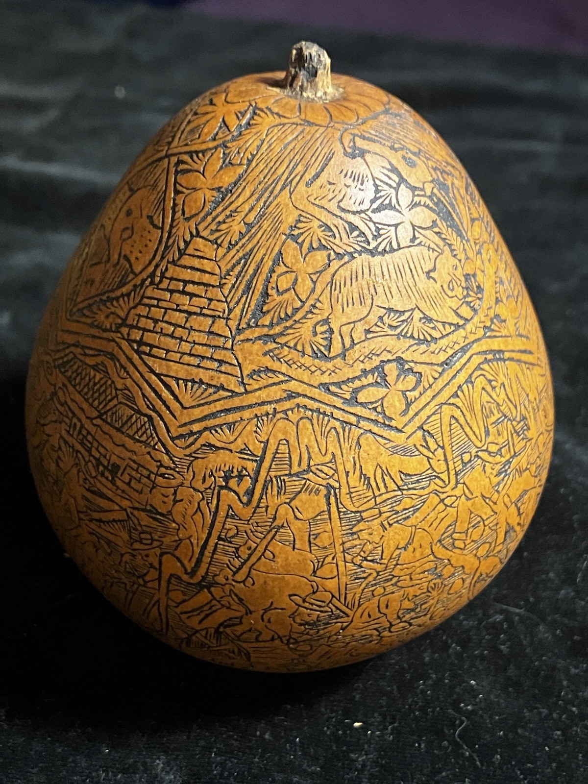 Peruvian Intricate Hand Fine Carved Etched Gourd Rattle Peruvian Culture Scenes