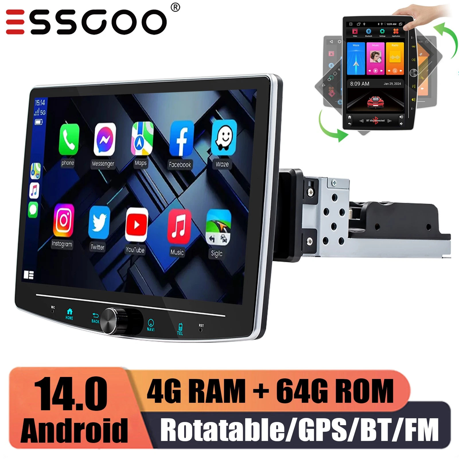 Single 1Din Android 14 Apple CarPlay Rotatable Car Stereo Radio GPS BT 64G Cam